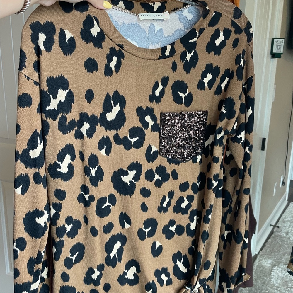 Leopard Long Sleeve Top with Sequin Pocket